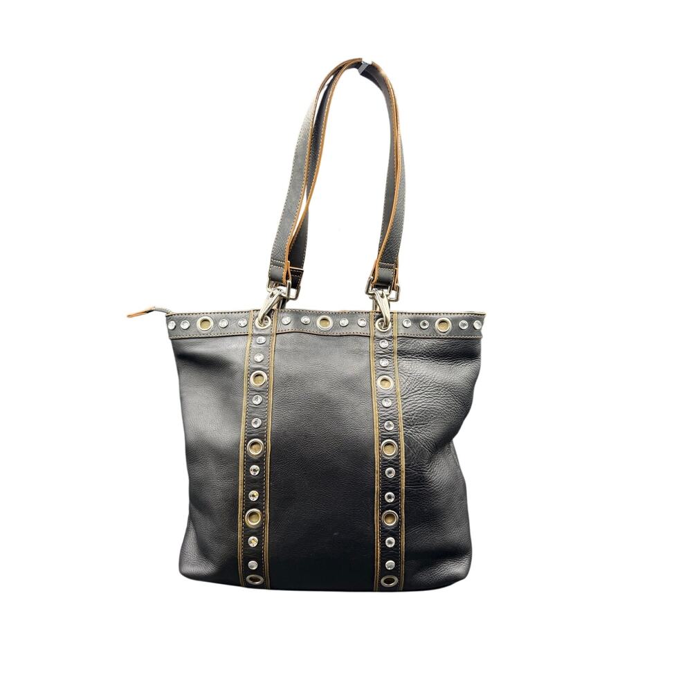 Franco Sarto Black Leather Studded Grommet Tote Shoulder Bag